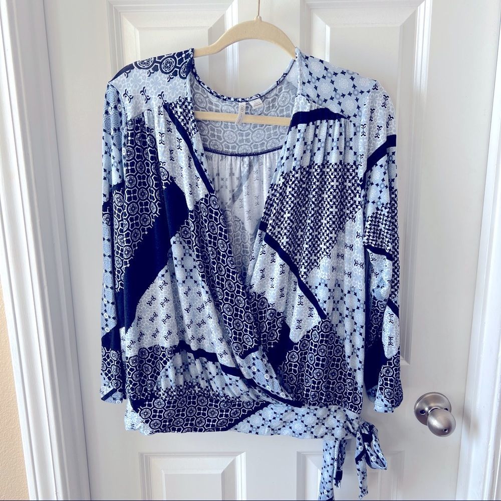 Cato ice blue print faux wrap top